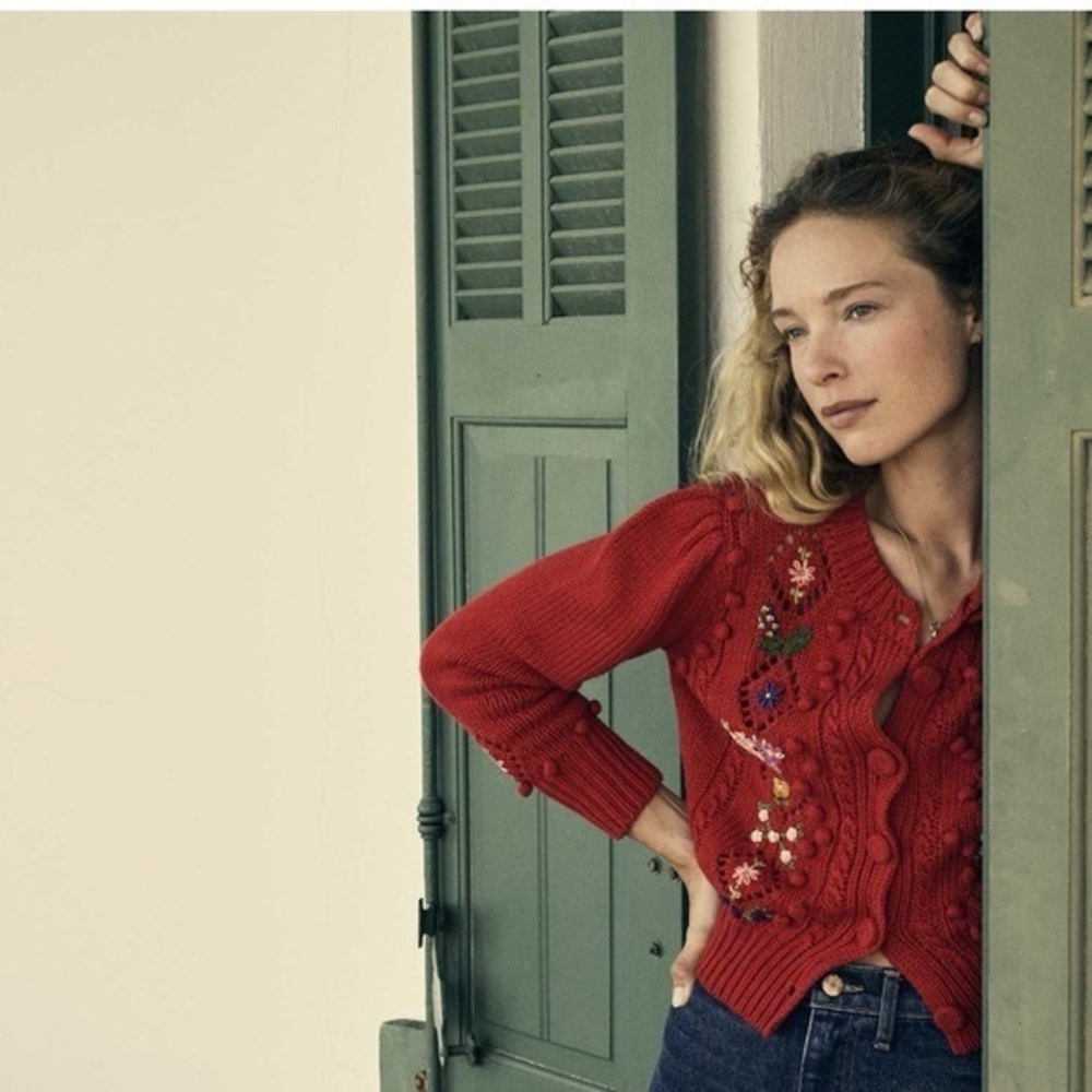 Doen “Forget Me Not” Red Cardigan with Vintage-Inspired Cable Knit - NWOT, Sz M